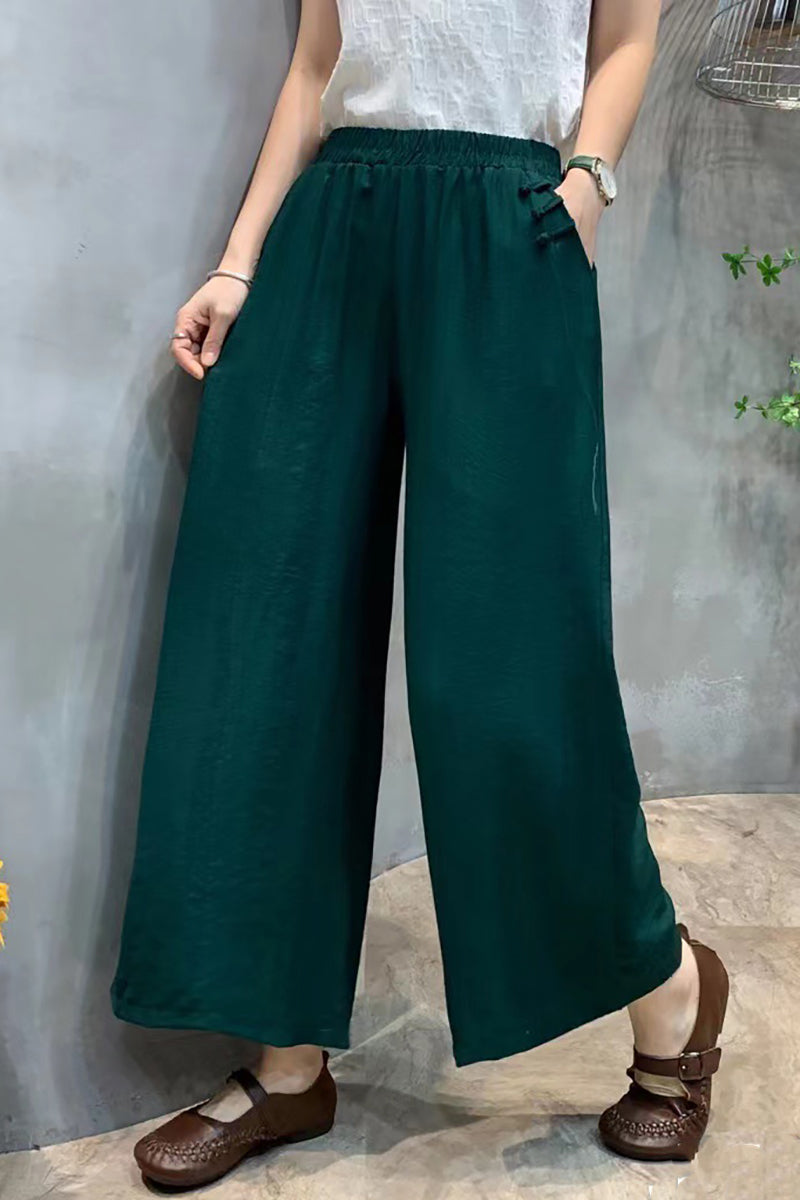 Pocket Chinese Knot Button Wide Leg Cropped Linen Pants