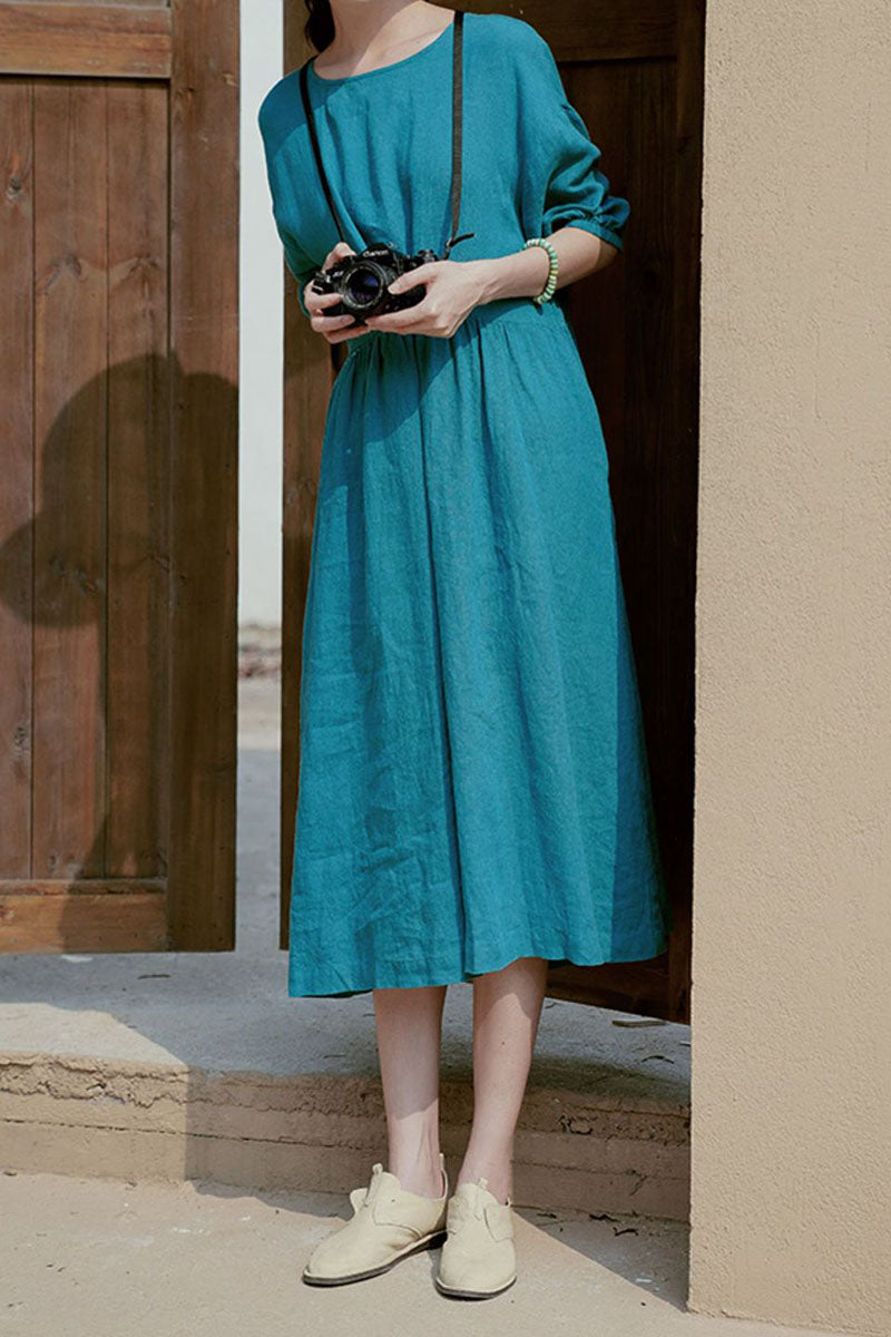 Linen Three Quarter Sleeve Round Neck Wide Hem Pleated Casual Midi Dress