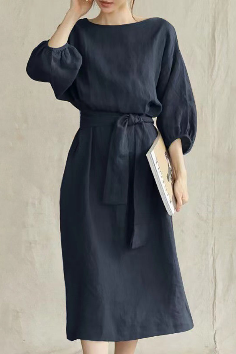 Linen Half Puffy Sleeve Tied Up Pleated Midi Dresses
