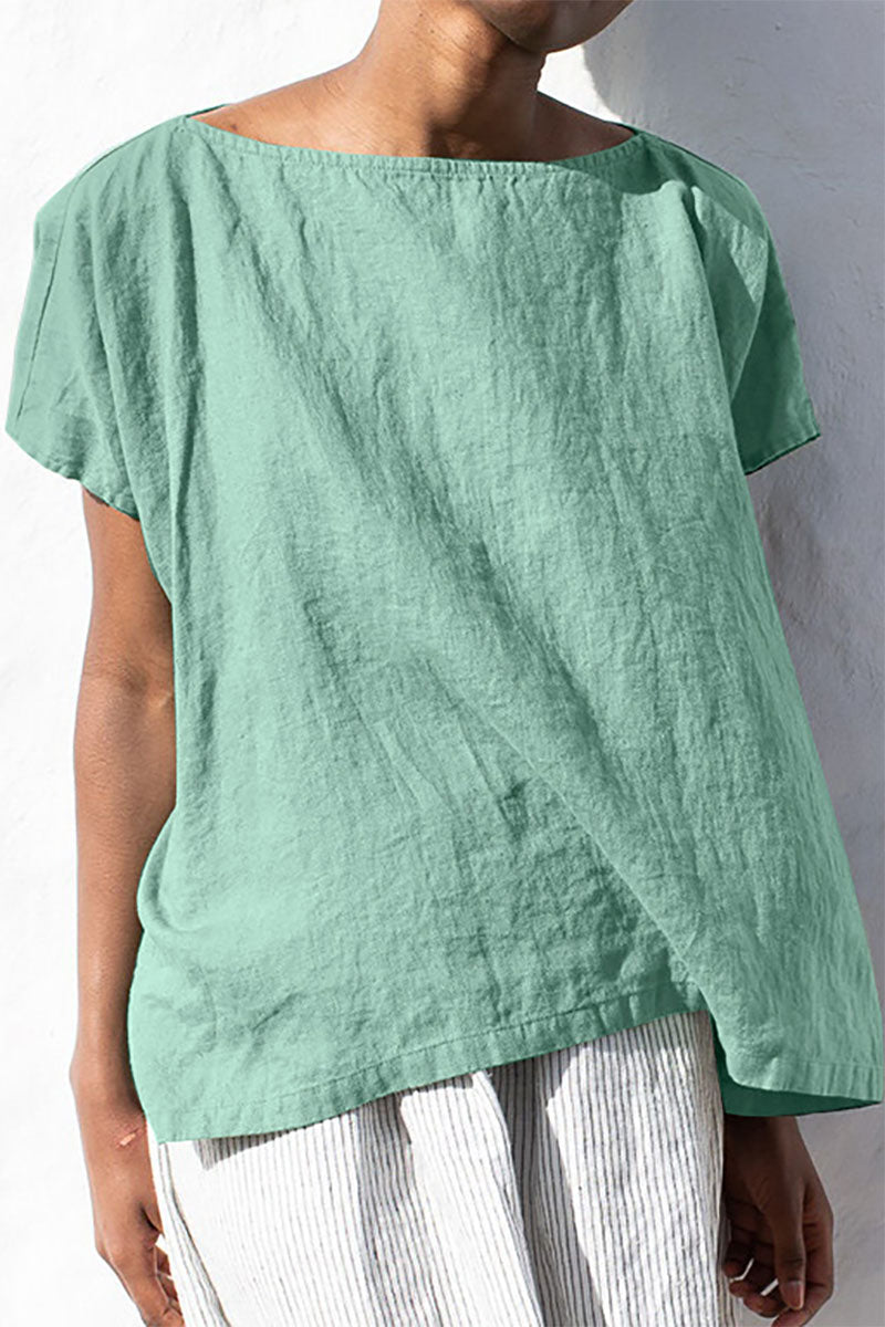 Boat Neck Short Sleeve Casual Linen T-Shirt