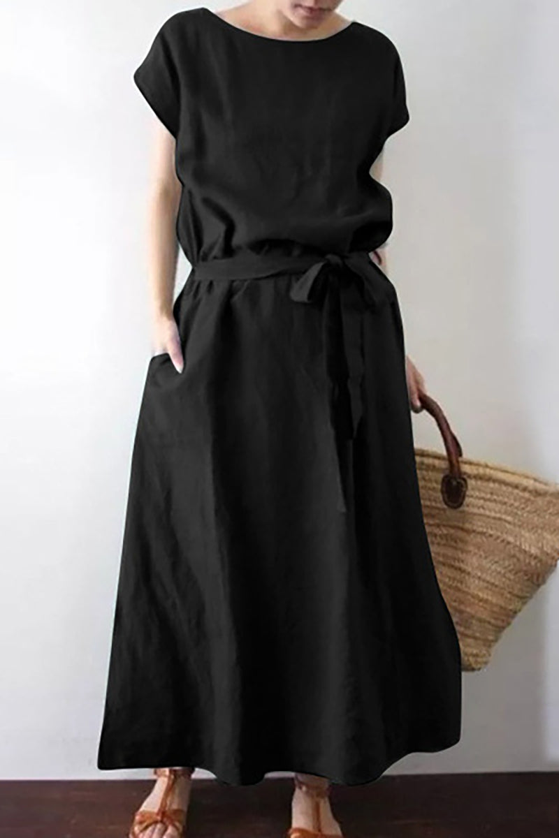Short Sleeve Round Neck Tied Up Linen Maxi Dress