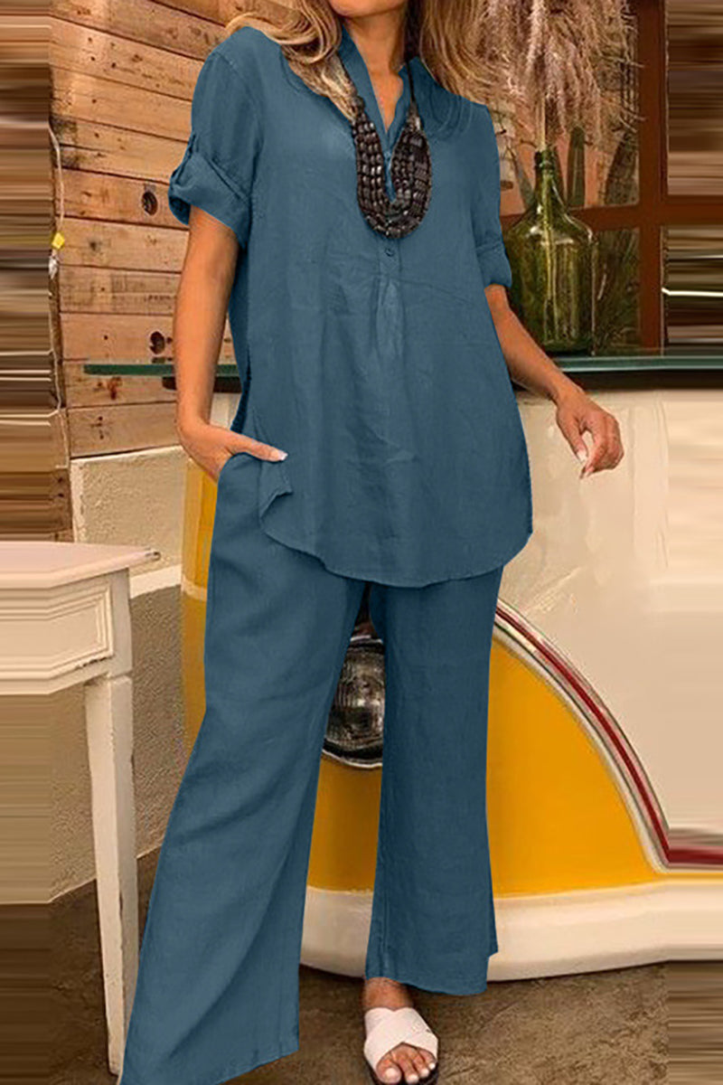 Linen V Neck Short Sleeve Loose Fit Blouse Wide Straight Leg Pocket Casual Pants Matching Set