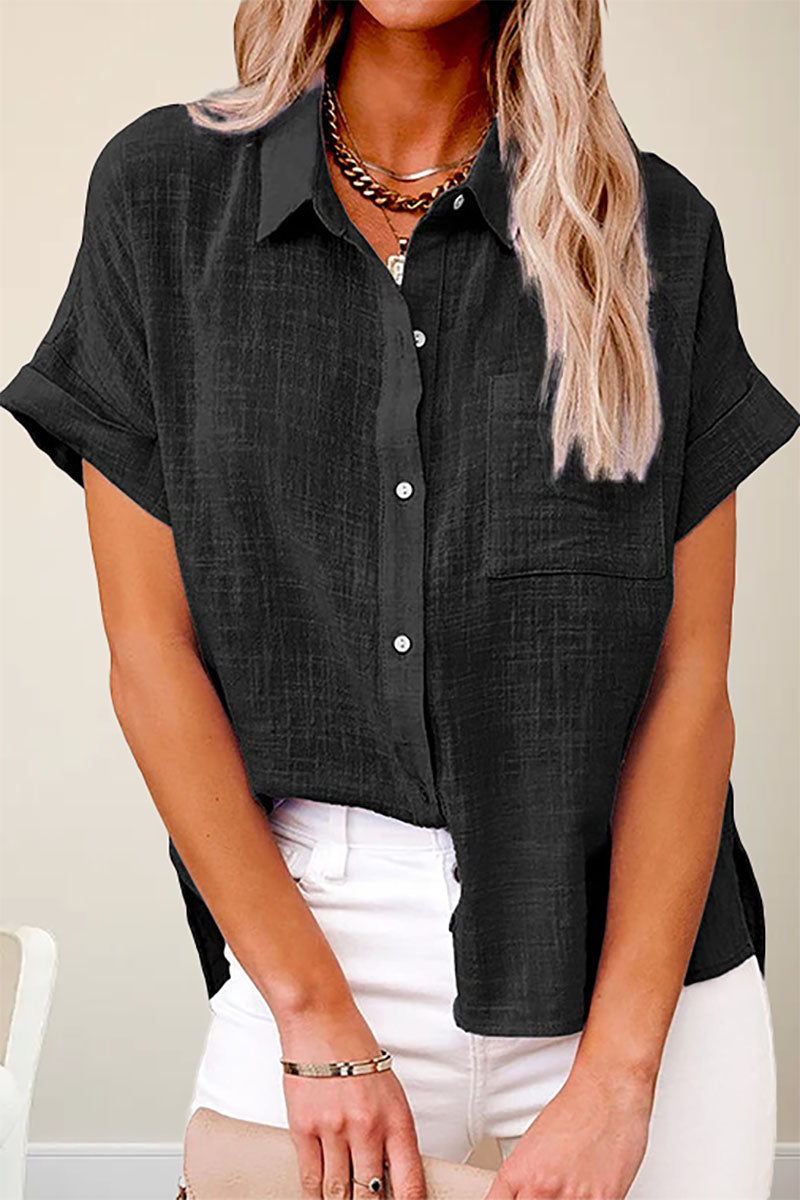 Button Pocket Short Sleeve Turndown Slit Linen Blouse