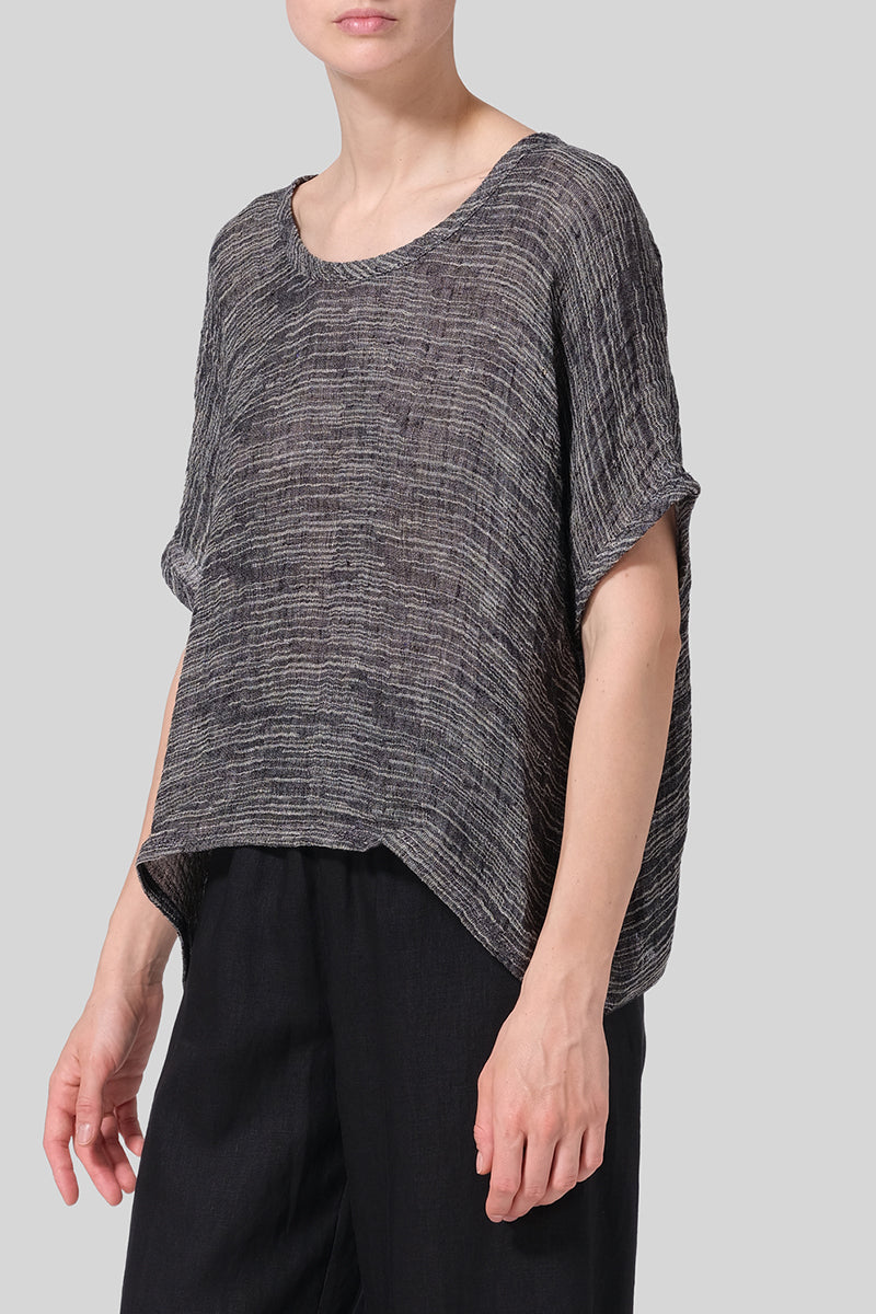Linen Gray Round Neck Short Sleeve Irregular Hem Top Pre Order