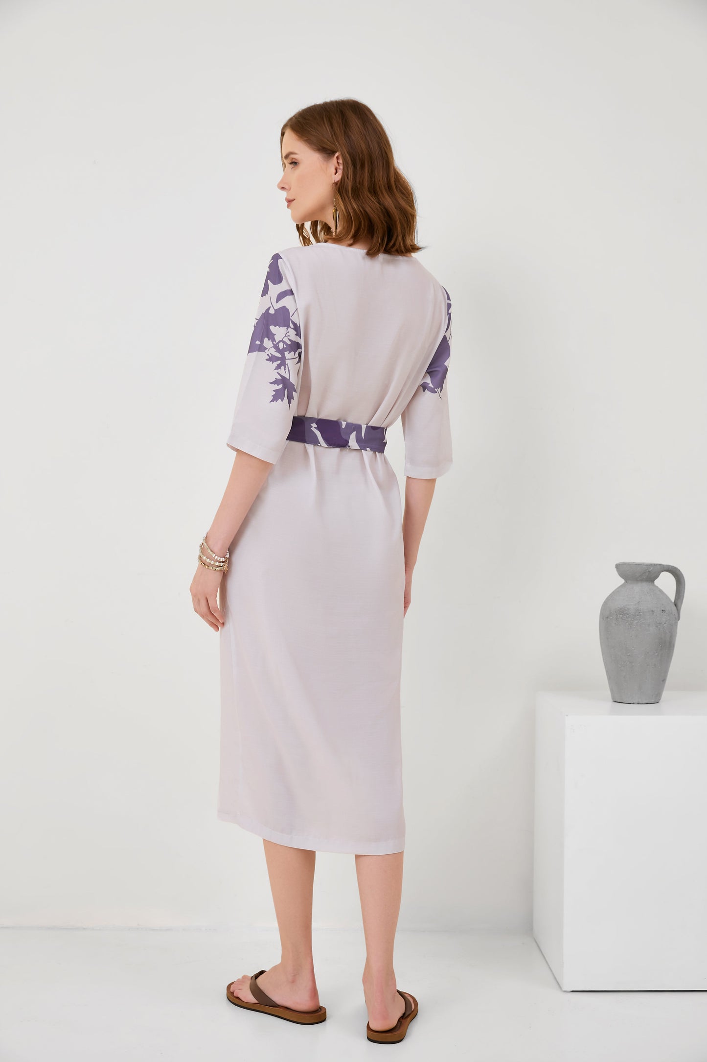 Cotton-Linen Floral Print Mid-Sleeve Dress