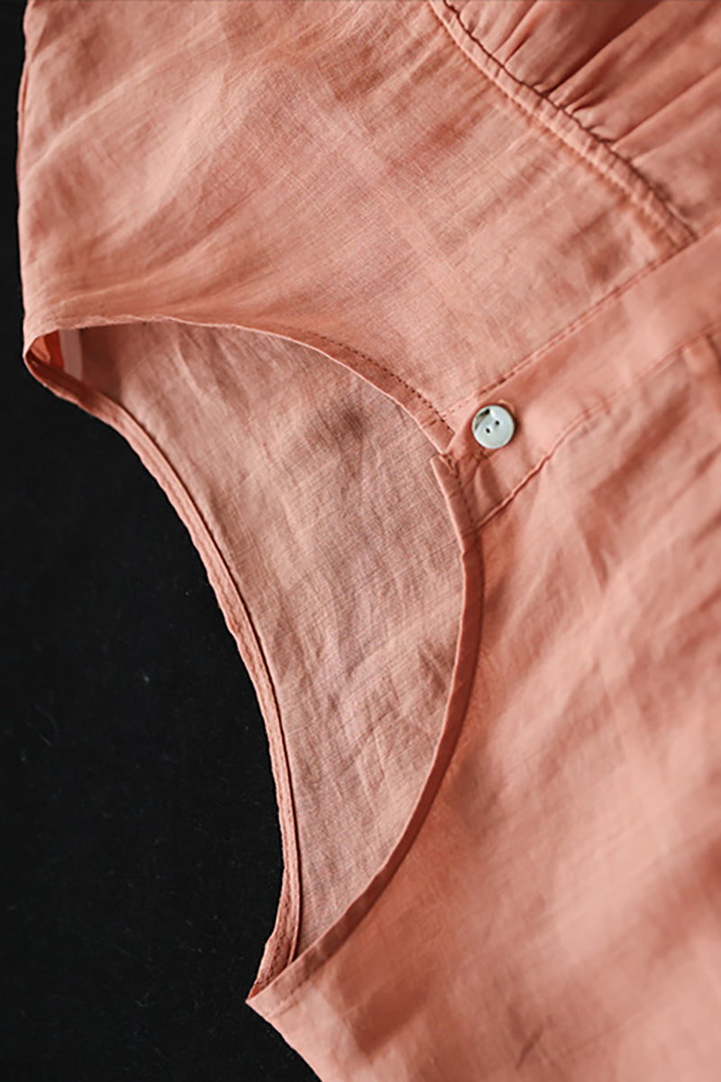 Half Sleeve Button Round Neck Drawstring Linen Top