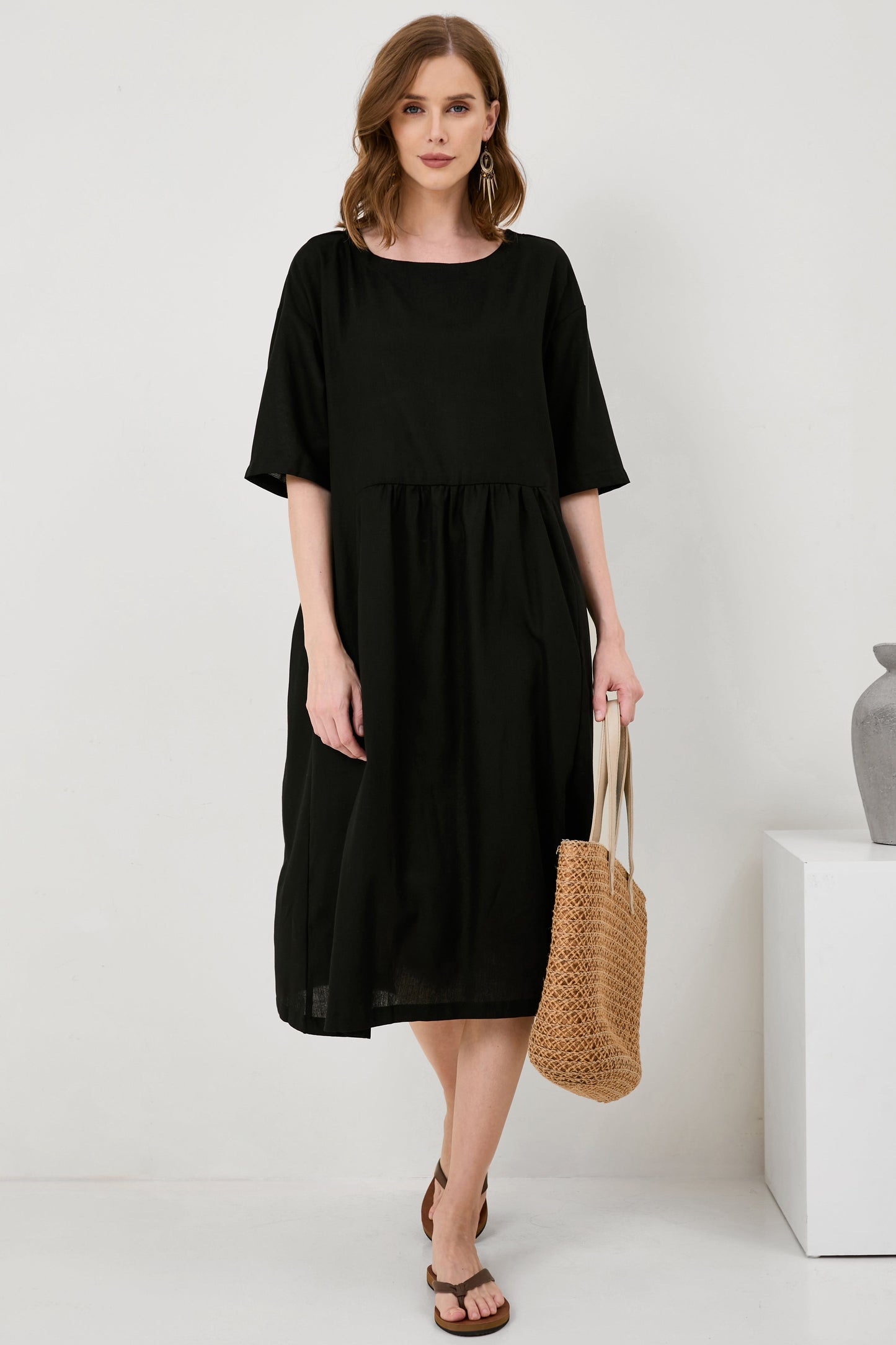 Cotton And Linen A-Line Midi Dress