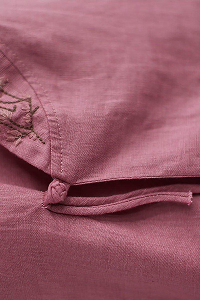 Long Sleeve Embroidered V Neck Linen Top