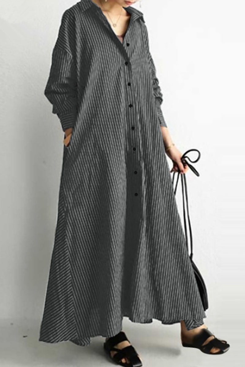 Striped Linen Button Down Casual Maxi Shirt Dress