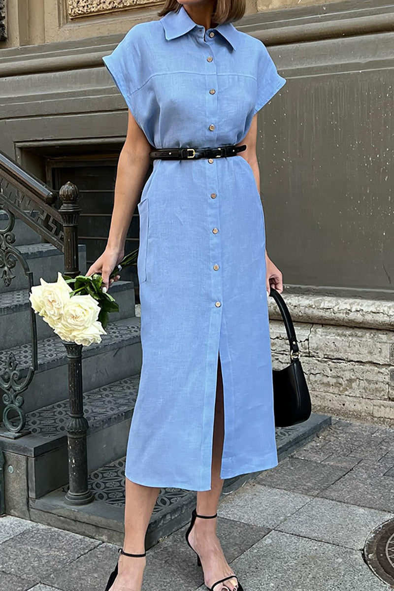 Linen Turndown Collar Short Sleeve Button Up Slit Tie Up Pocket Casual Midi Dress