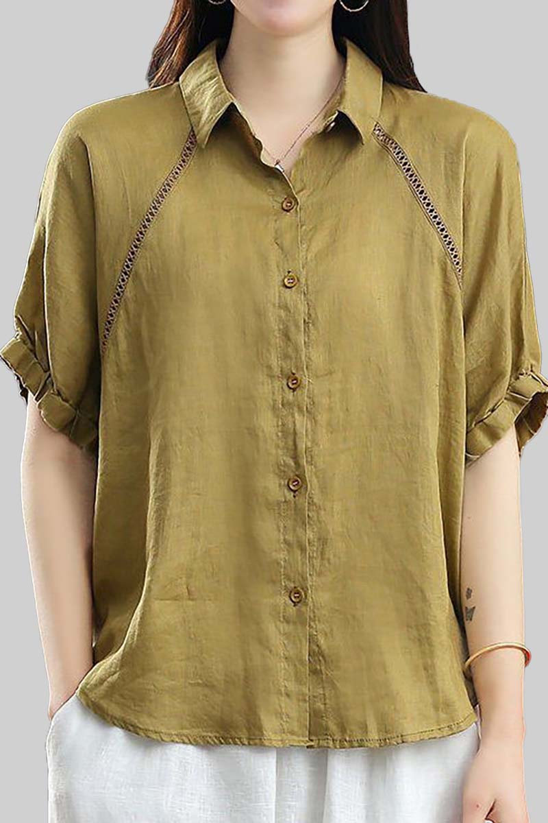 Linen Half Sleeves Turndown Collar Blouse