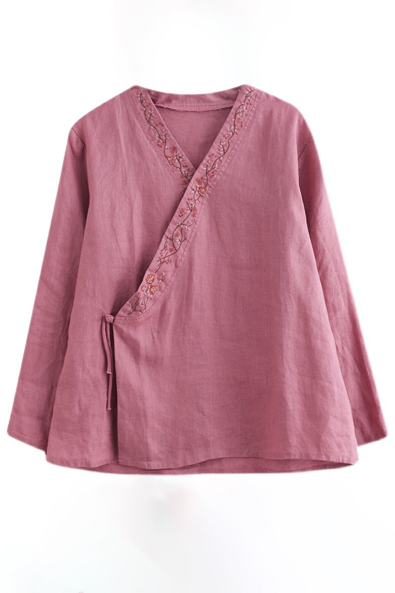 Long Sleeve Embroidered V Neck Linen Top