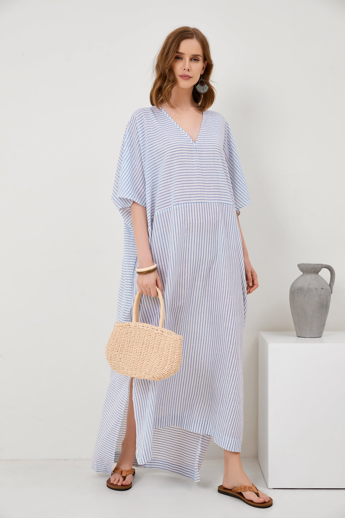 Flared Sleeve V-Neck Striped Panel Fashion Long Dress