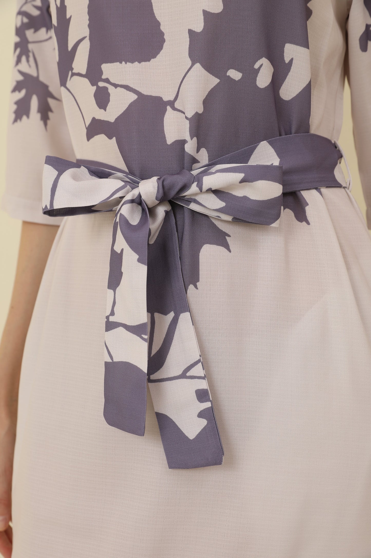 Cotton-Linen Floral Print Mid-Sleeve Dress