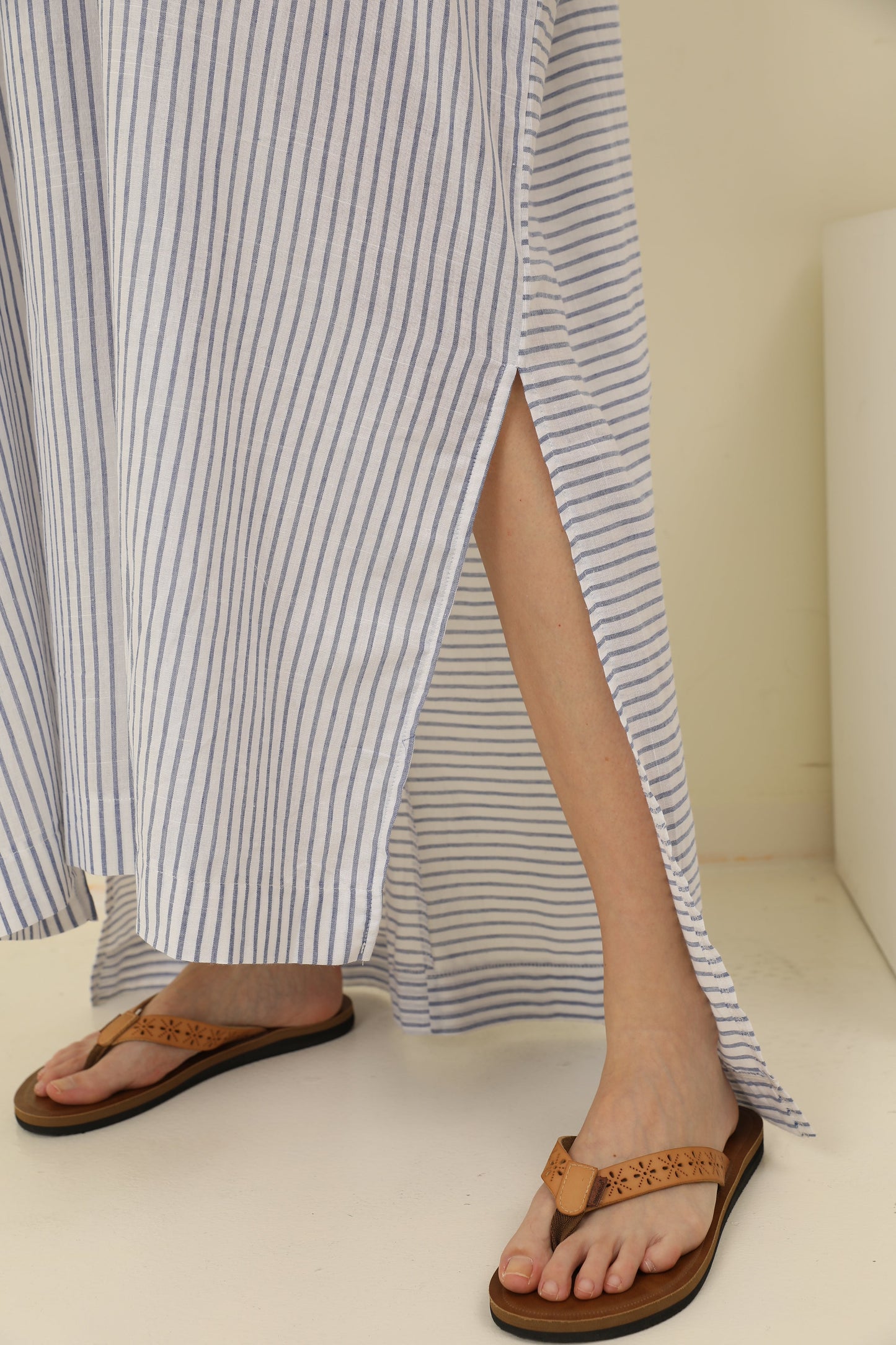 Flared Sleeve V-Neck Striped Panel Fashion Long Dress