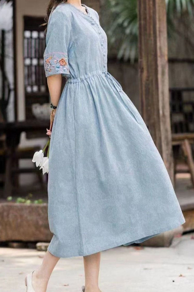 Linen V Neck Button Up Embroidery Short Sleeve Tie Up Ruched Wide Hem Casual Midi Dress