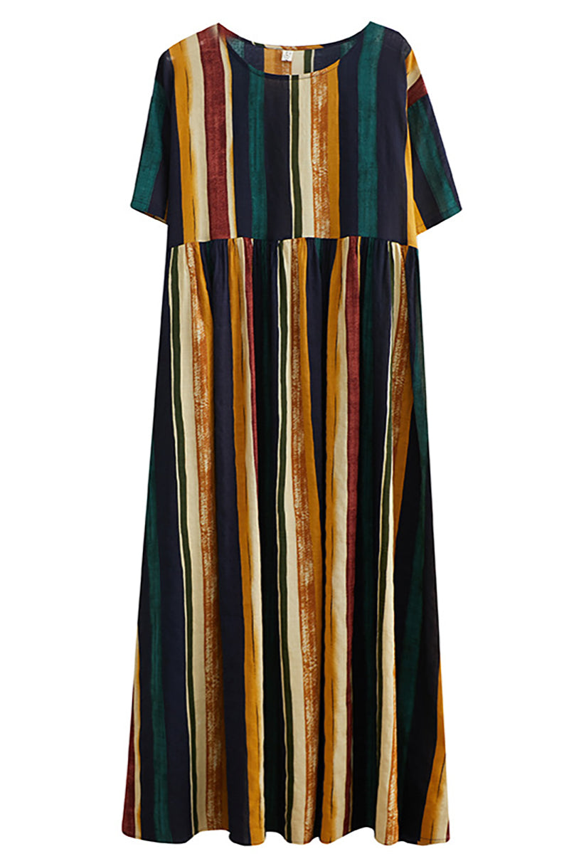 Linen Green Print Short Sleeve Round Neck Maxi Dress