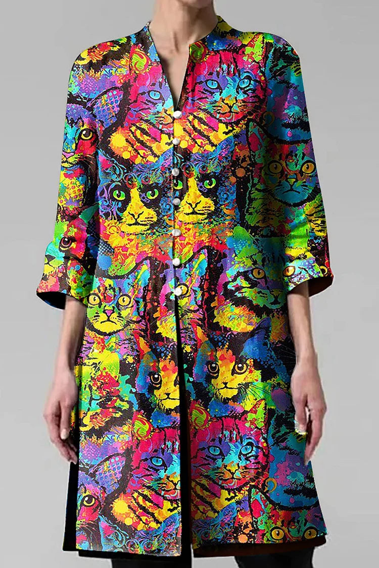 V Neck Button Vp Three Quarter Sleeve Print Casual Shirt Cardigan