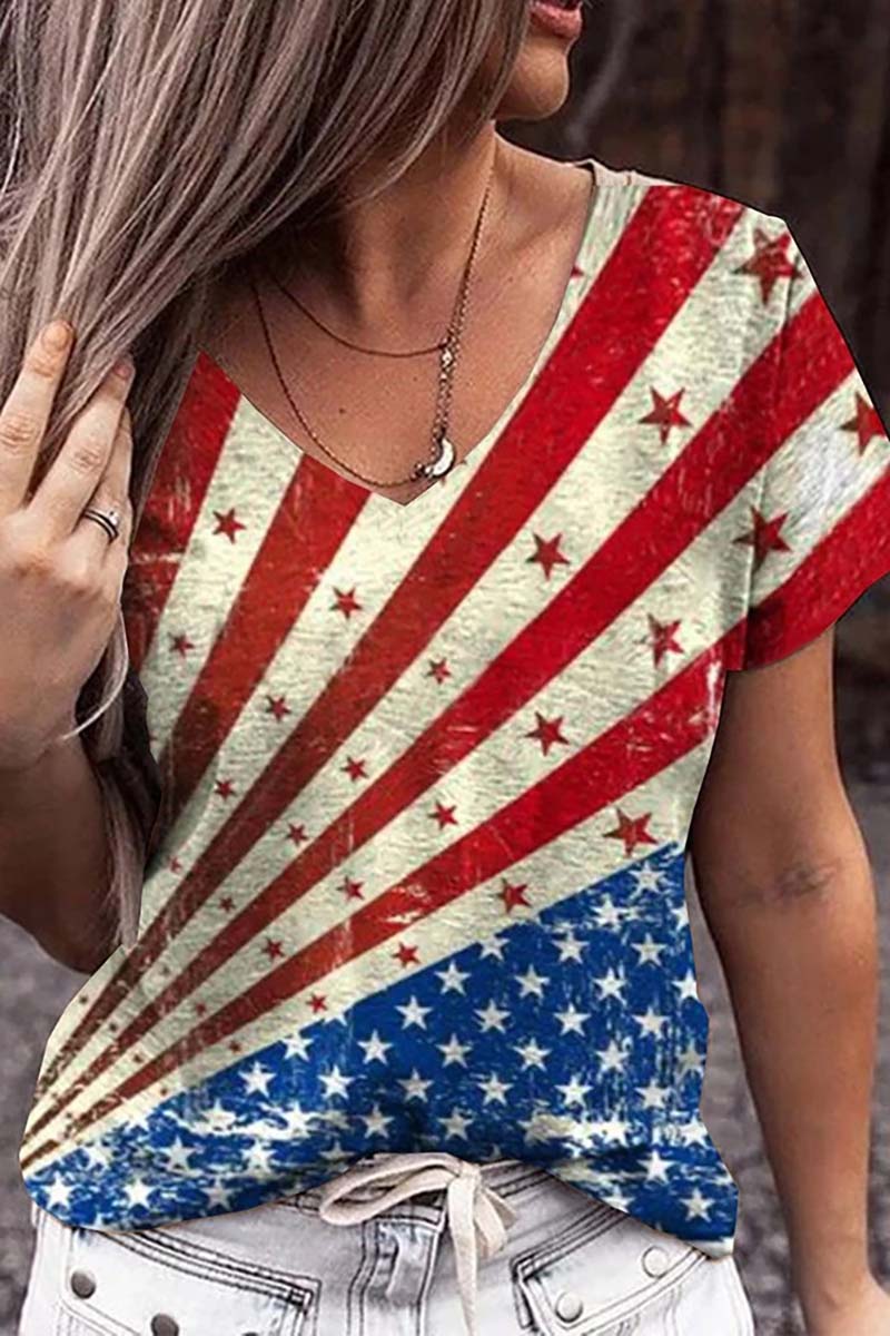 Independence Day V Neck Short Sleeve Cotton T-shirt