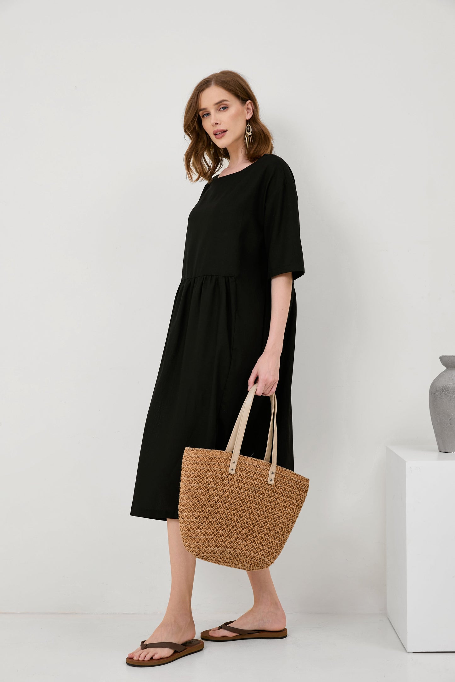 Cotton And Linen A-Line Midi Dress