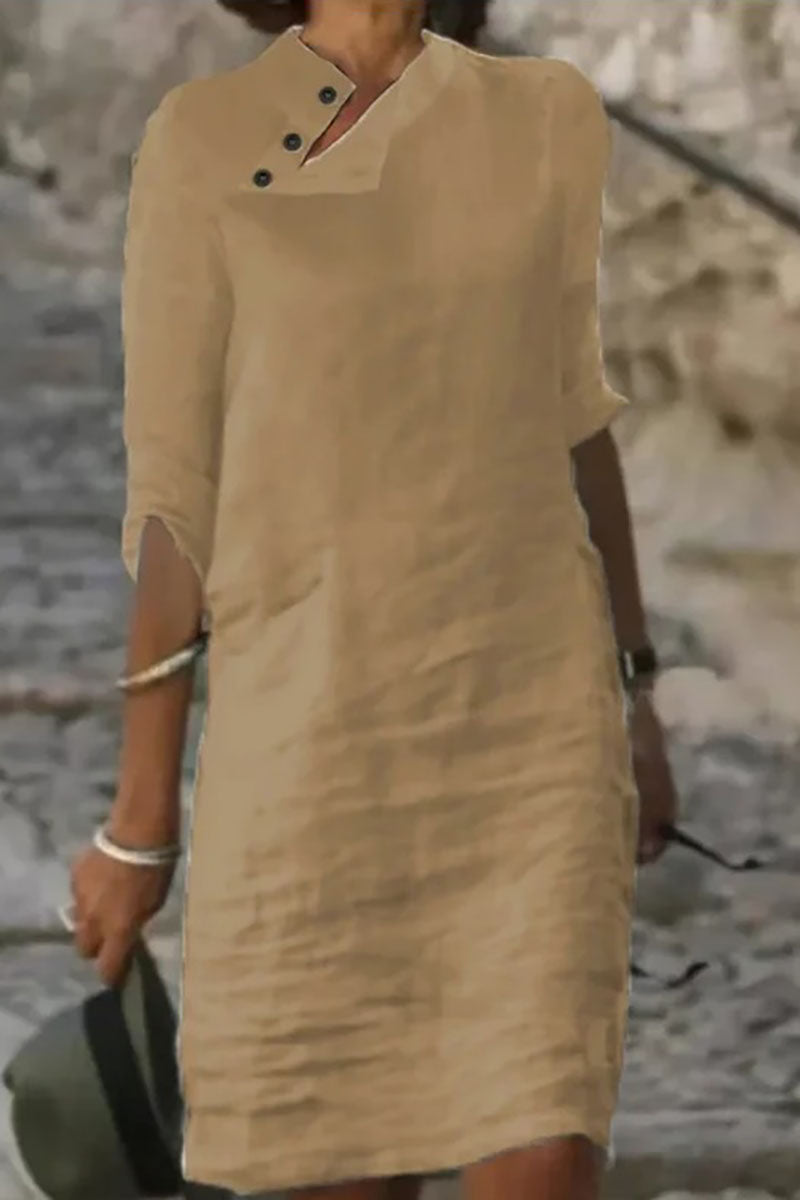 Irregular Button Trim Half Sleeve Casual Linen Midi Dress