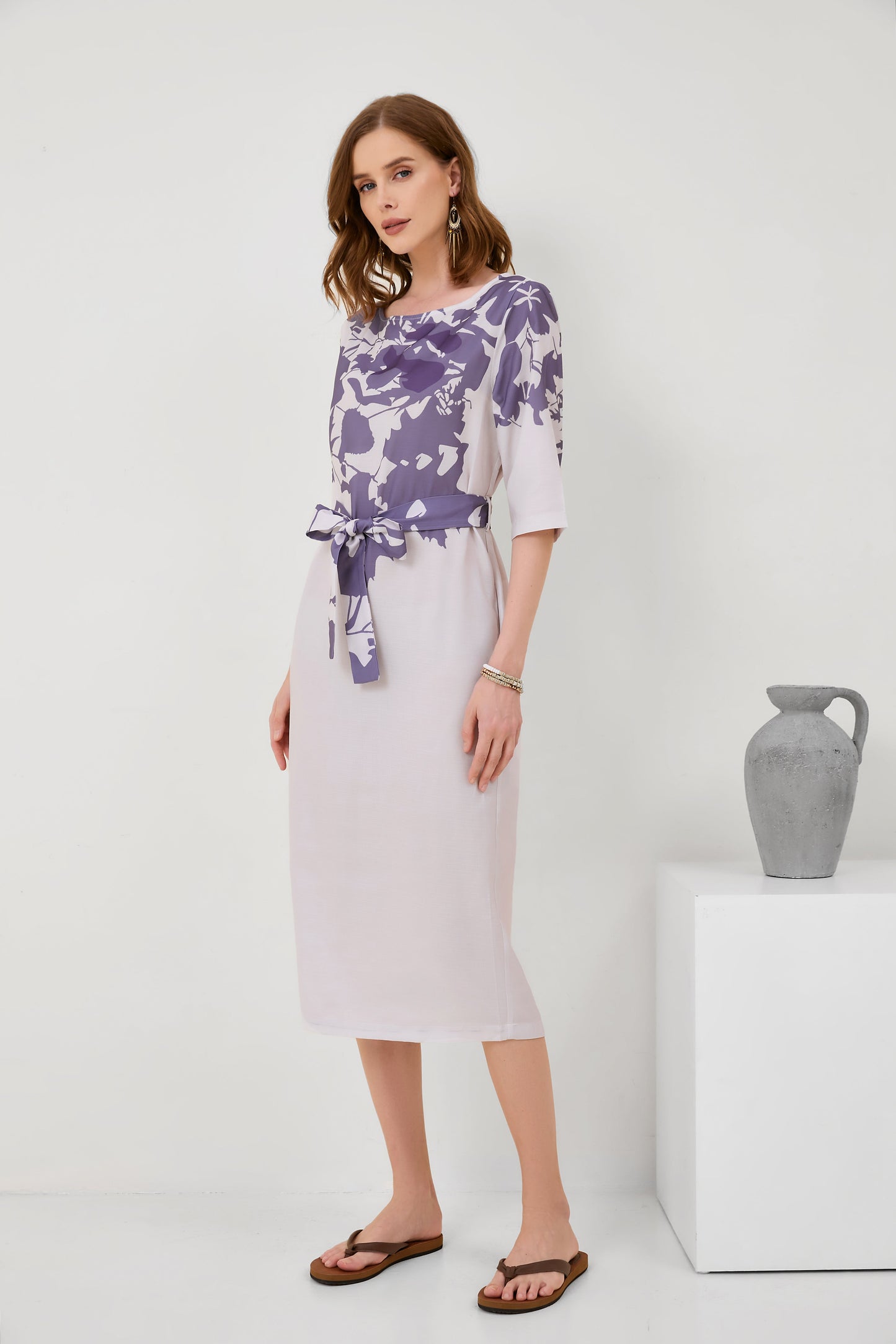Cotton-Linen Floral Print Mid-Sleeve Dress