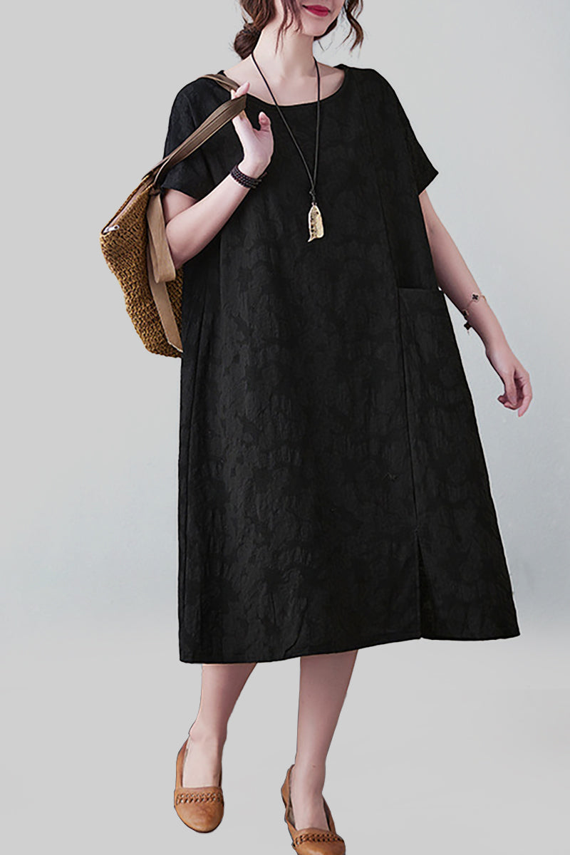 Round Neck Short Sleeve Linen Midi Dress