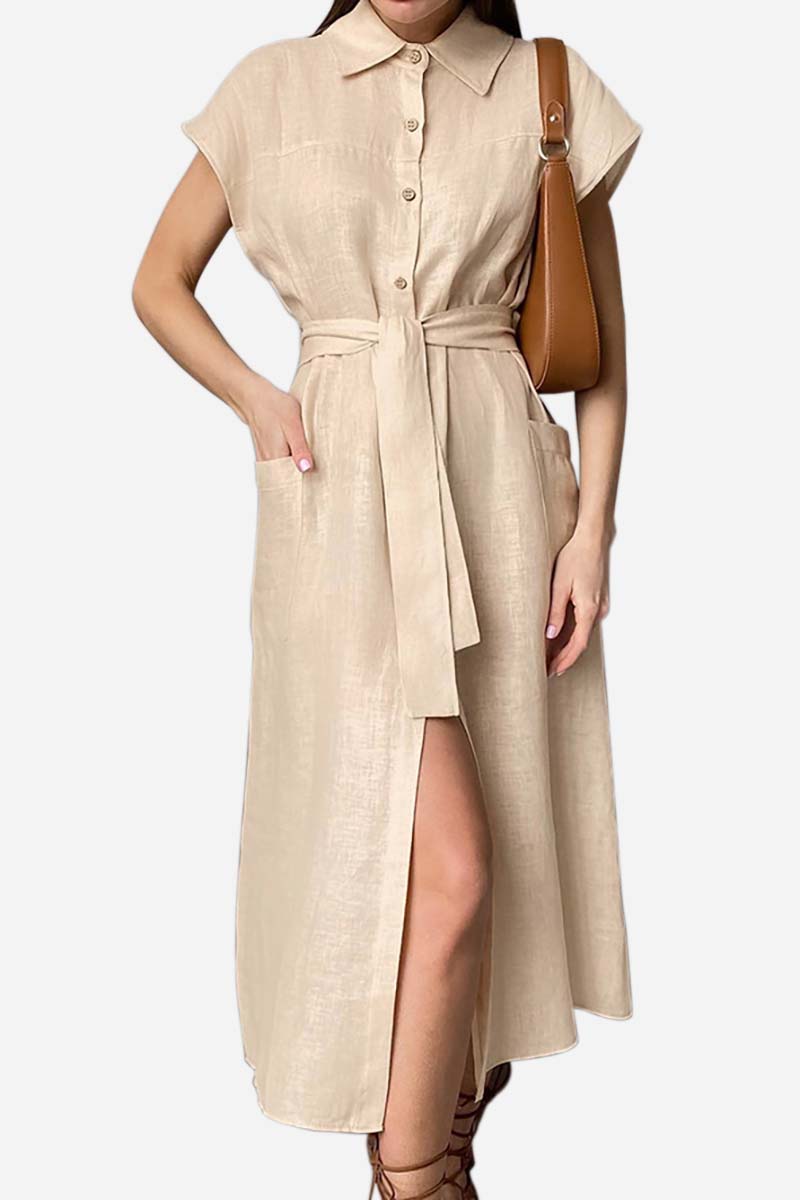 Linen Turndown Collar Short Sleeve Button Up Slit Tie Up Pocket Casual Midi Dress