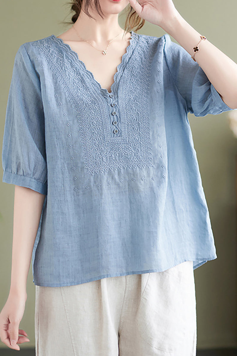 V Neck Embroidery Half Sleeve Linen Top