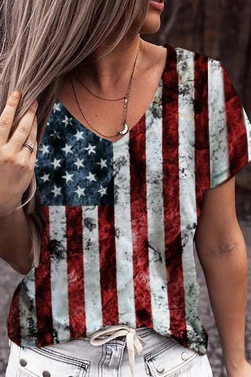 Independence Day V Neck Short Sleeve Cotton T-shirt