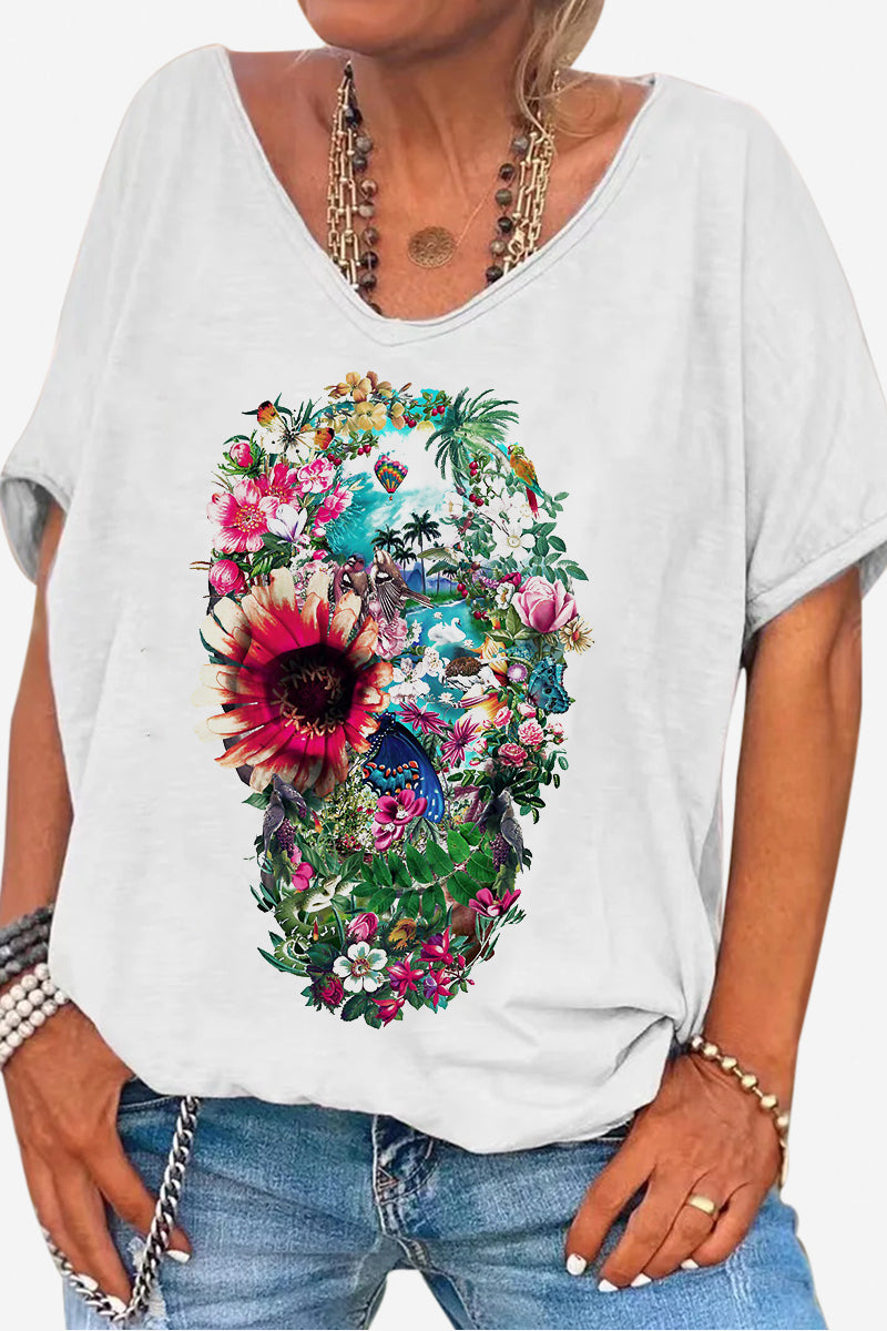 Floral Print White Short Sleeve Casual T-Shirt