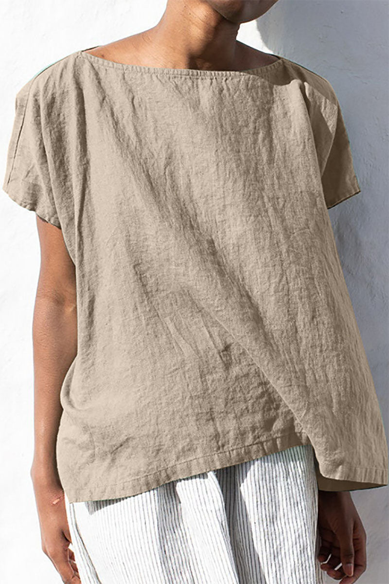Boat Neck Short Sleeve Casual Linen T-Shirt
