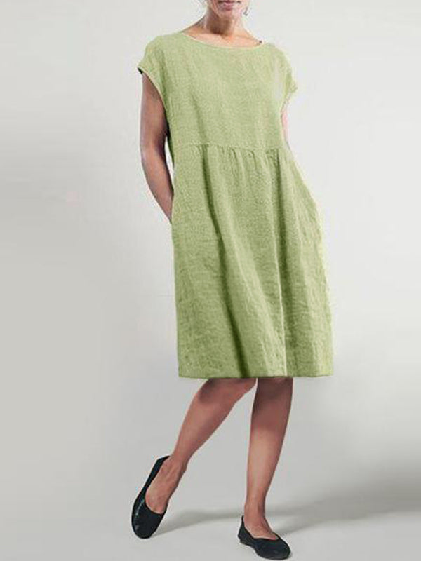 Solid Color Airplane Sleeve Loose Cotton Linen Pocket Dress