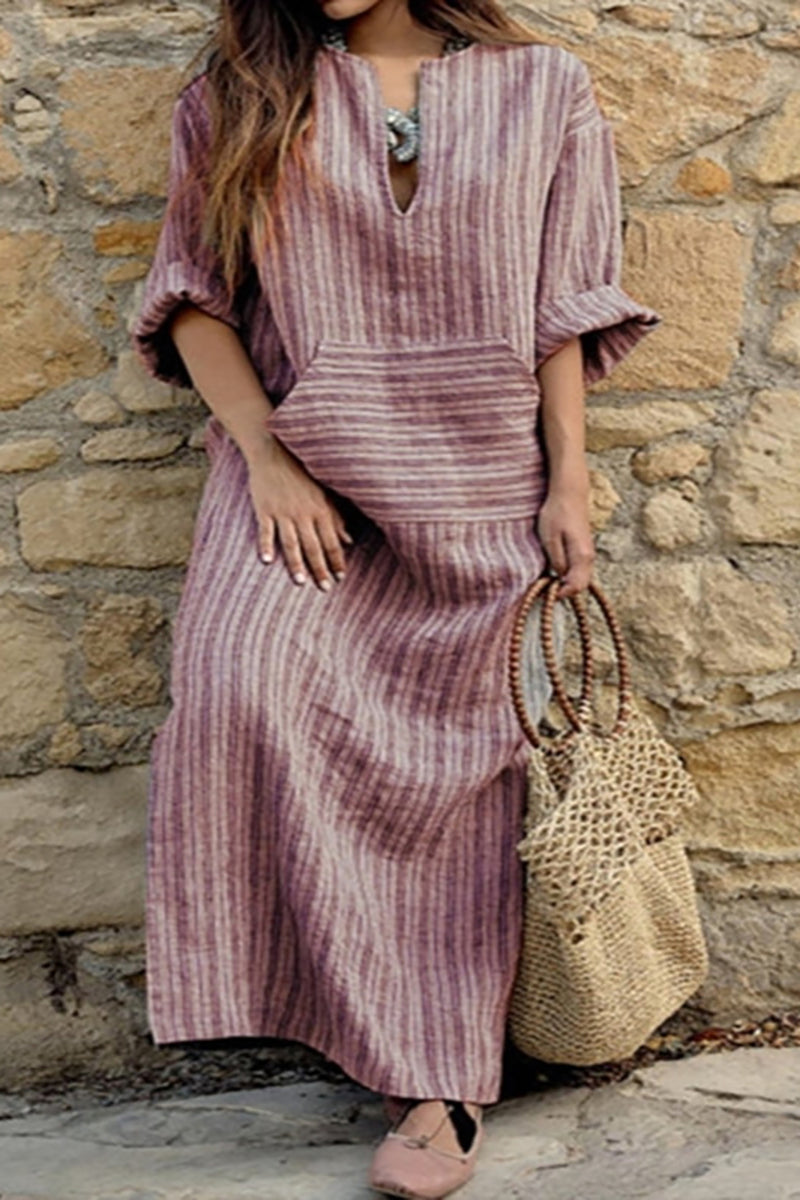 Linen Irregular Neck Long Sleeve Pocket Casual Maxi Dress