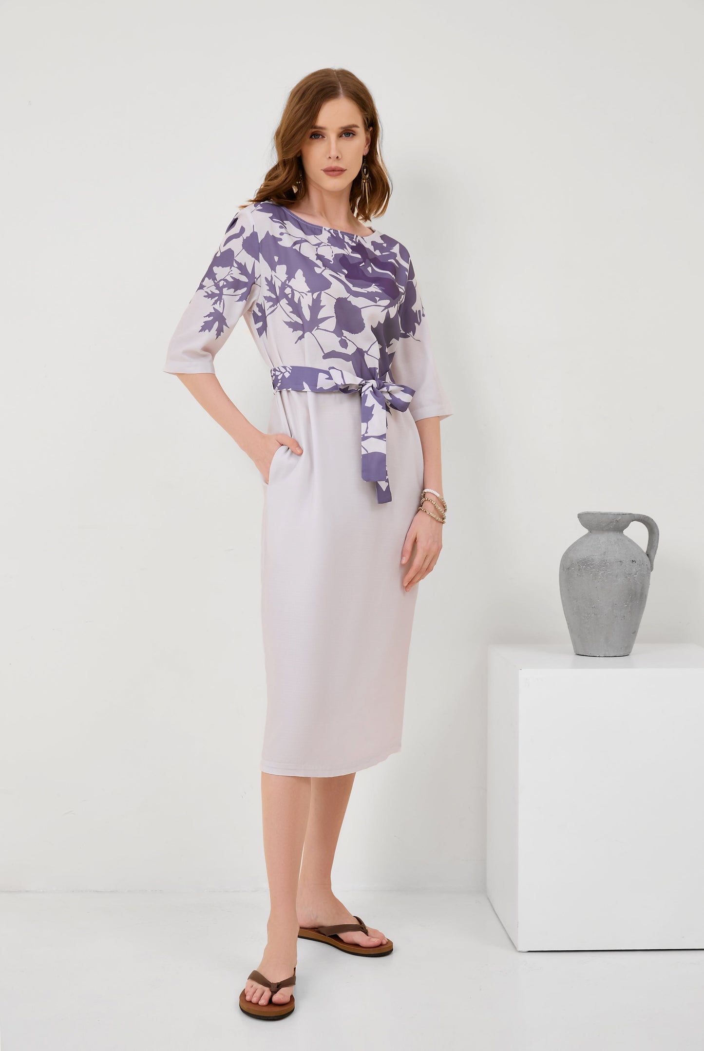 Cotton-Linen Floral Print Mid-Sleeve Dress