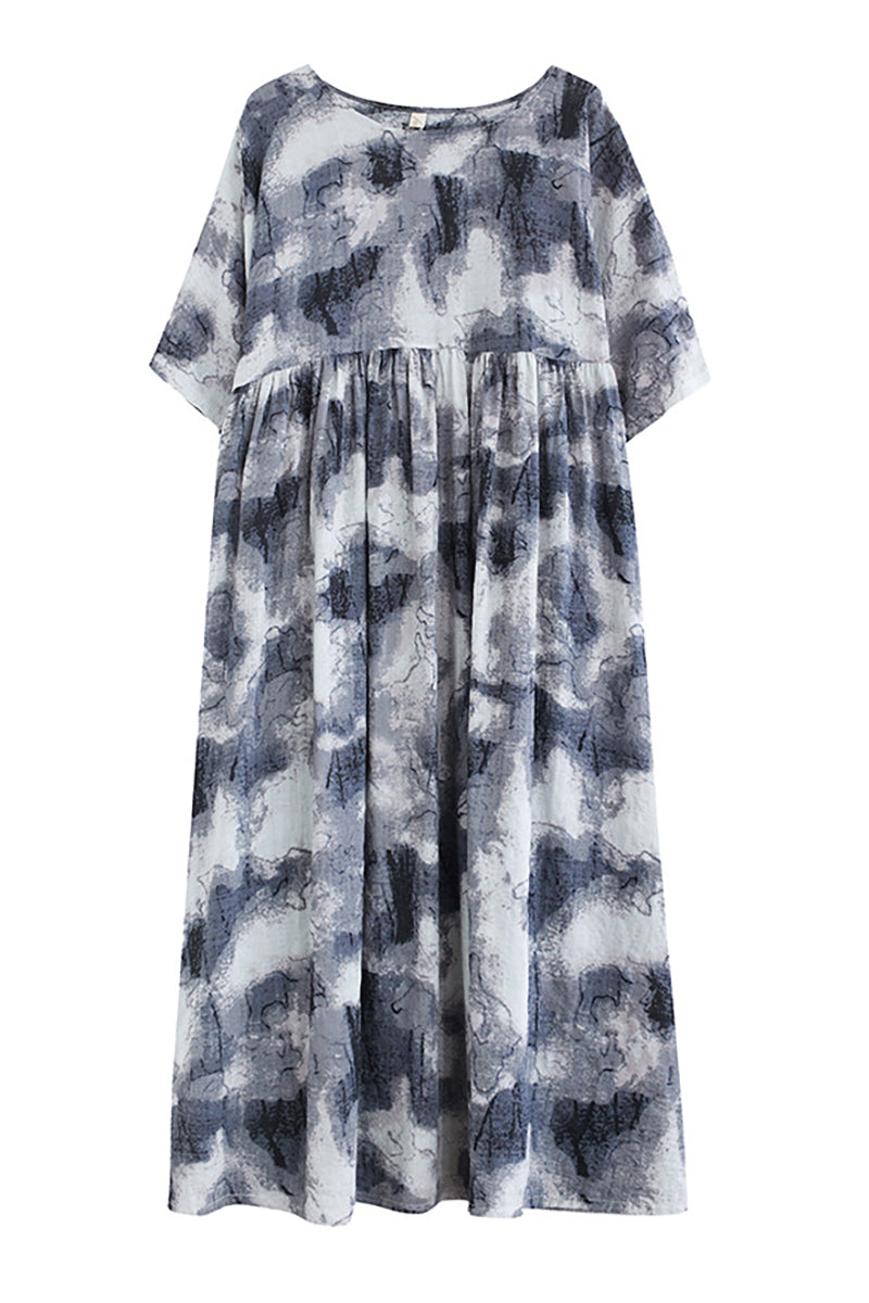 Pattern Print Half Sleeve Round Neck Linen Midi Dress