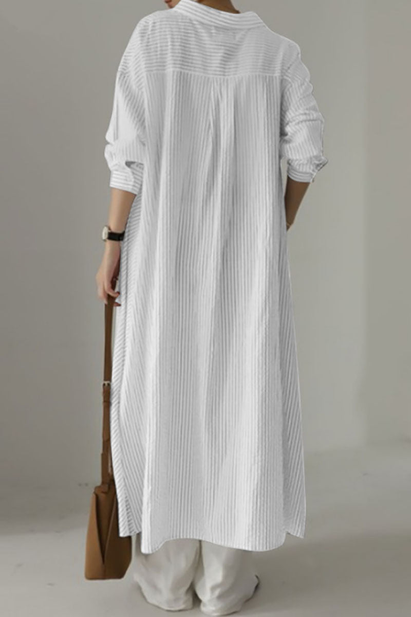 Striped Linen Button Down Casual Maxi Shirt Dress