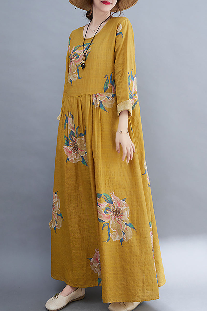 Printed Long Sleeve Round Neck Linen Maxi Dress