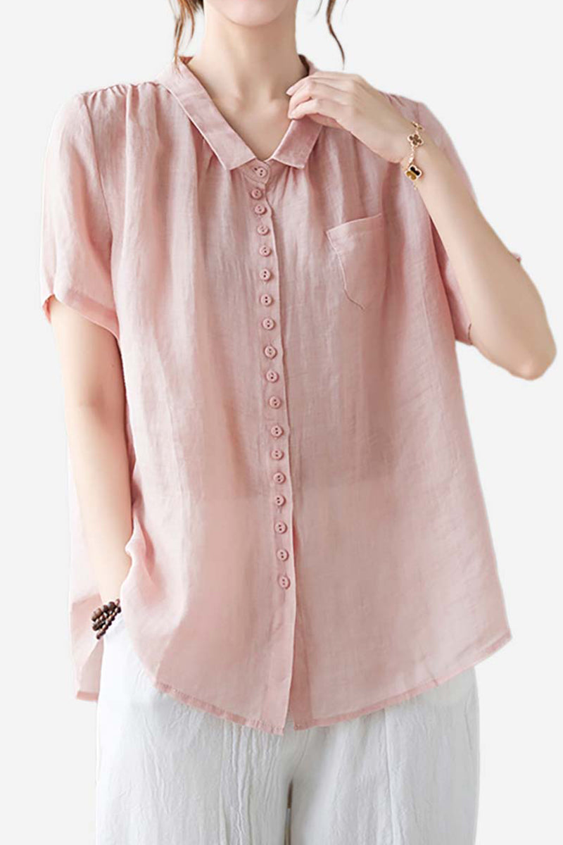 V Neck Short Sleeve Button Pocket Linen Blouse