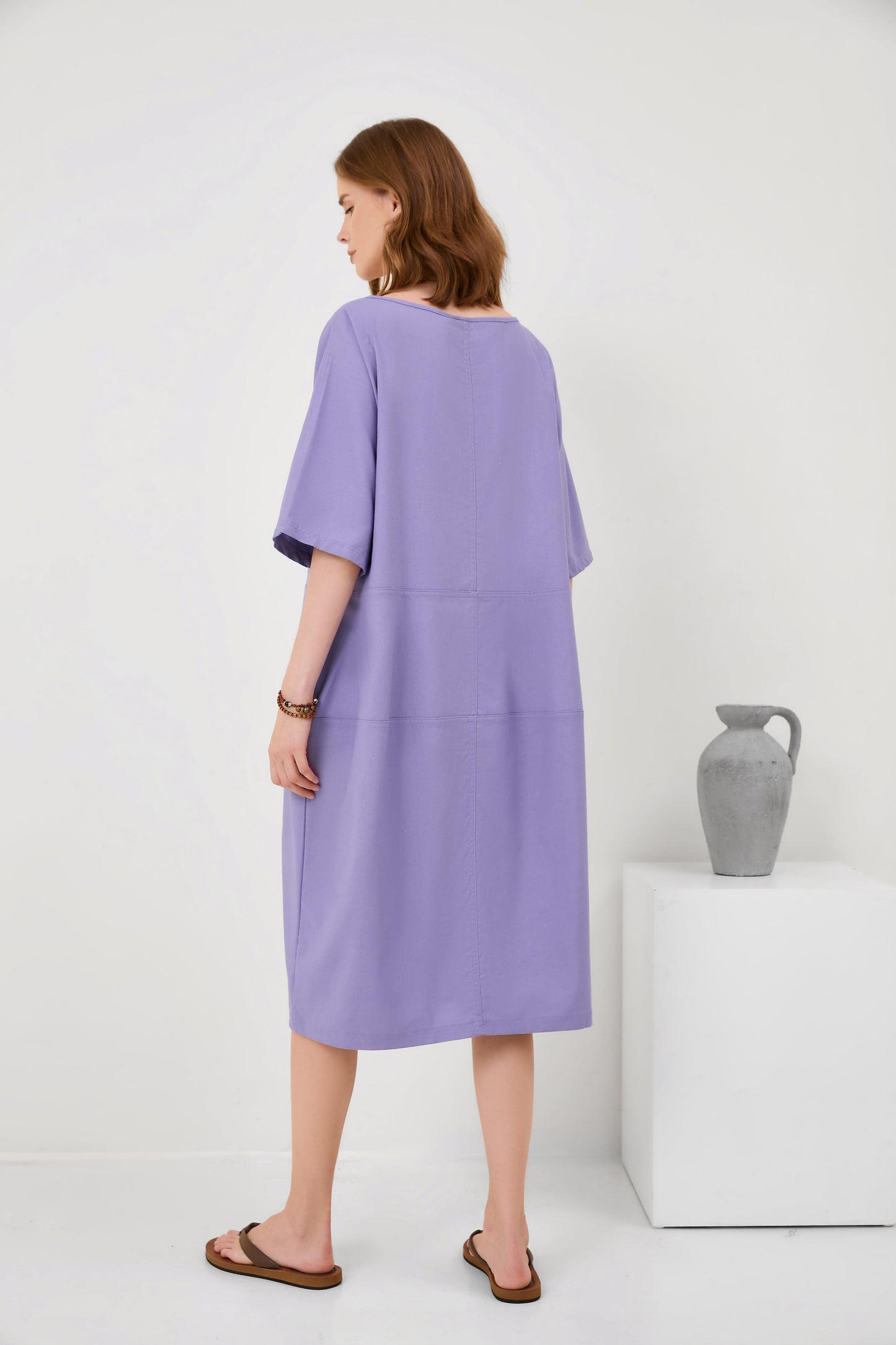 Fashion V-Neck Loose Pocket Mid-Sleeve Mid-Sleeve Cotton Linen Dress