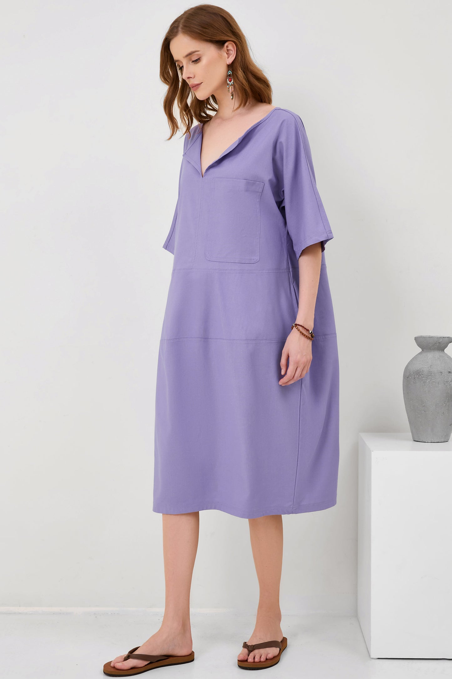Fashion V-Neck Loose Pocket Mid-Sleeve Mid-Sleeve Cotton Linen Dress
