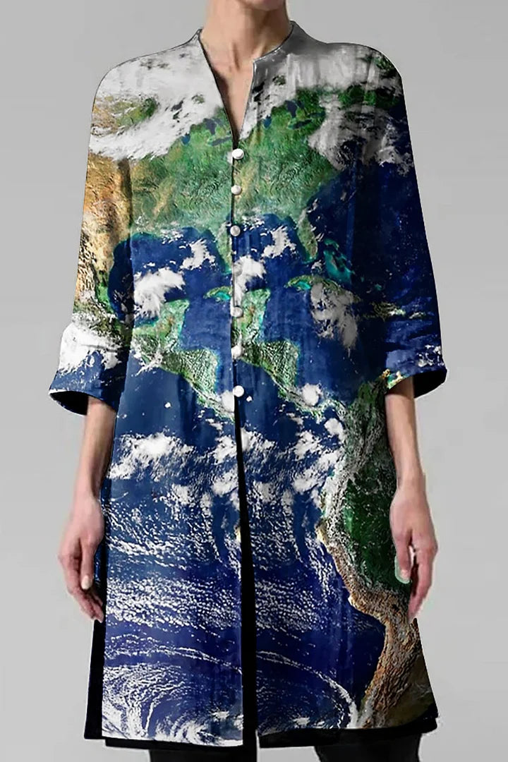 V Neck Button Vp Three Quarter Sleeve Print Casual Shirt Cardigan