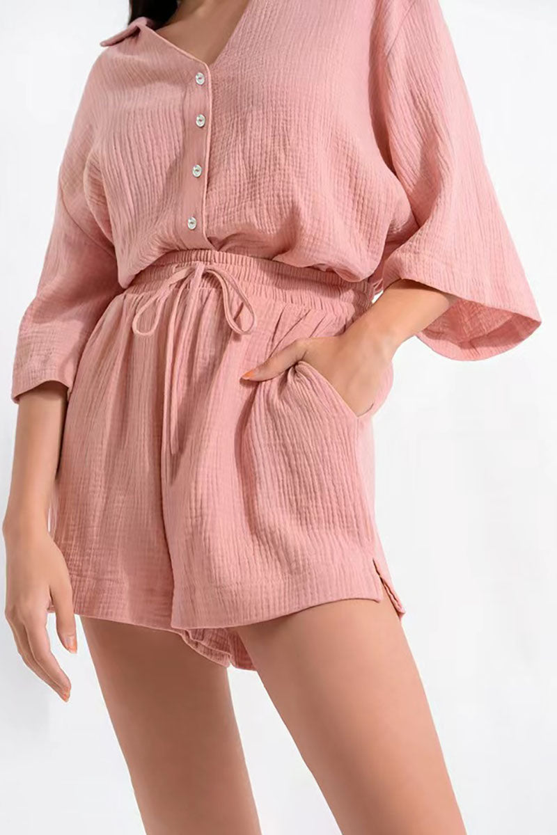 V Neck Button Half Flare Sleeve Top Drawstring Slit Pocket Shorts Pink Pleated Linen Casual Matching Set