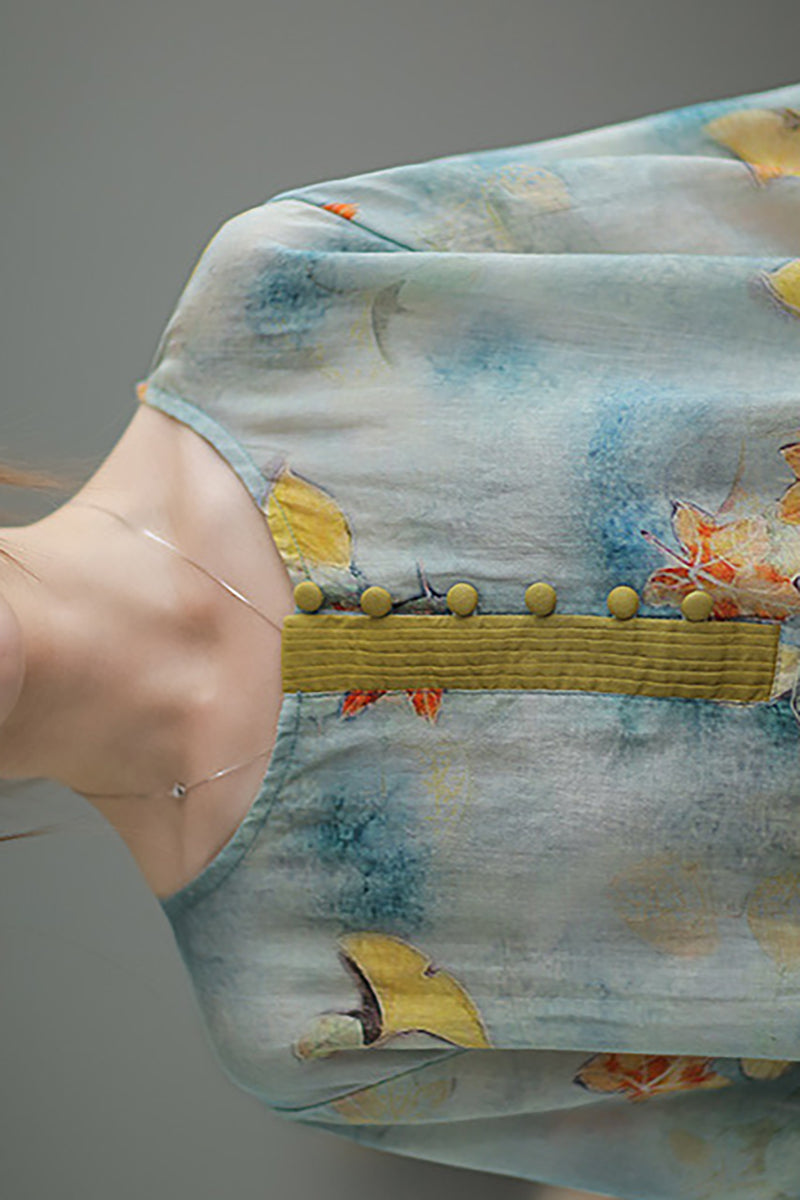Round Neck Three Quarter Sleeve Irregular Hem Linen Top