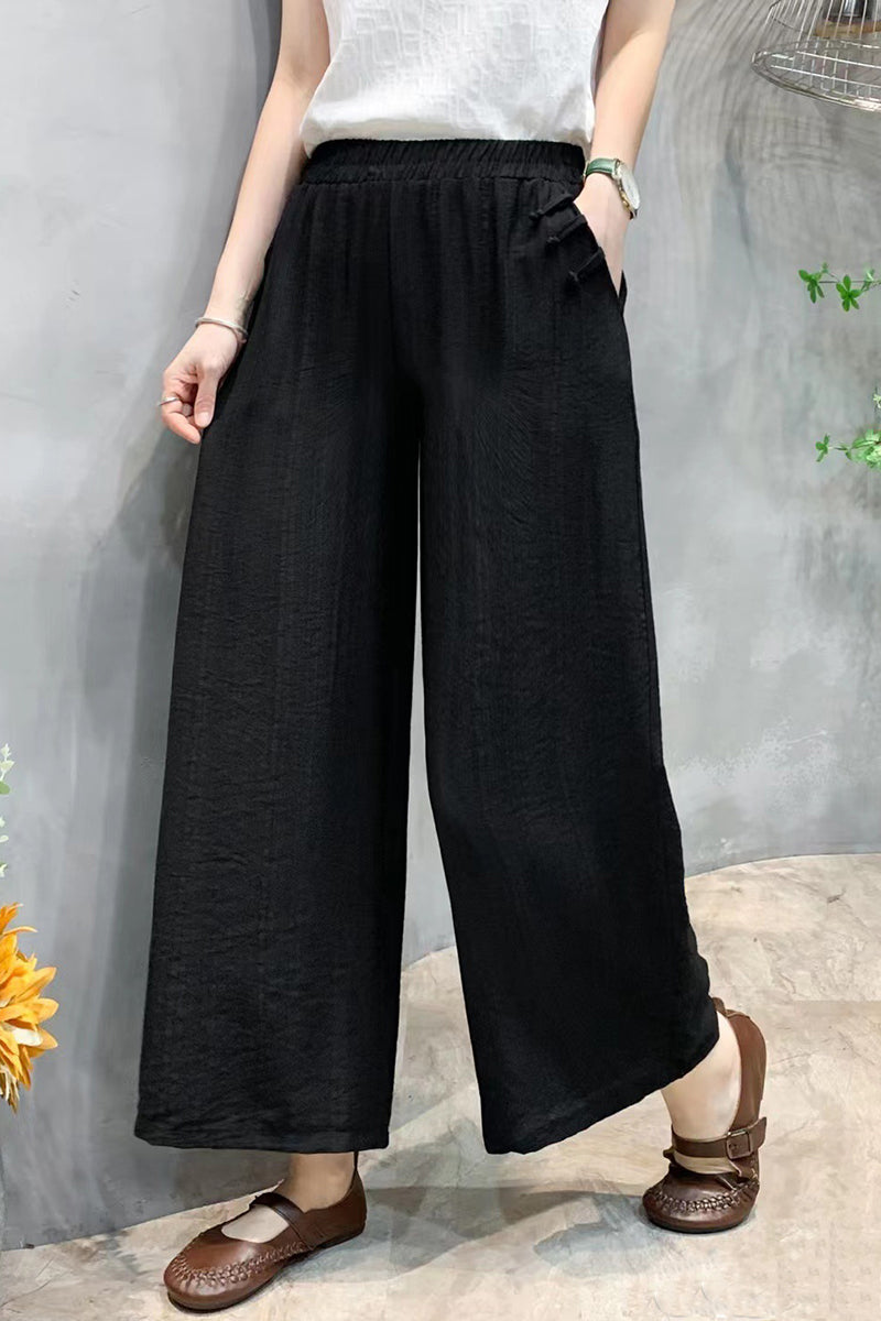 Pocket Chinese Knot Button Wide Leg Cropped Linen Pants