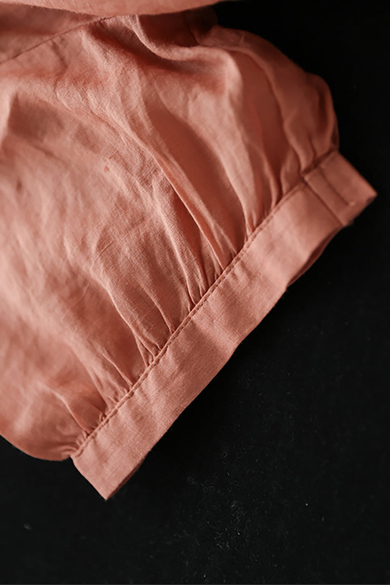 Half Sleeve Button Round Neck Drawstring Linen Top