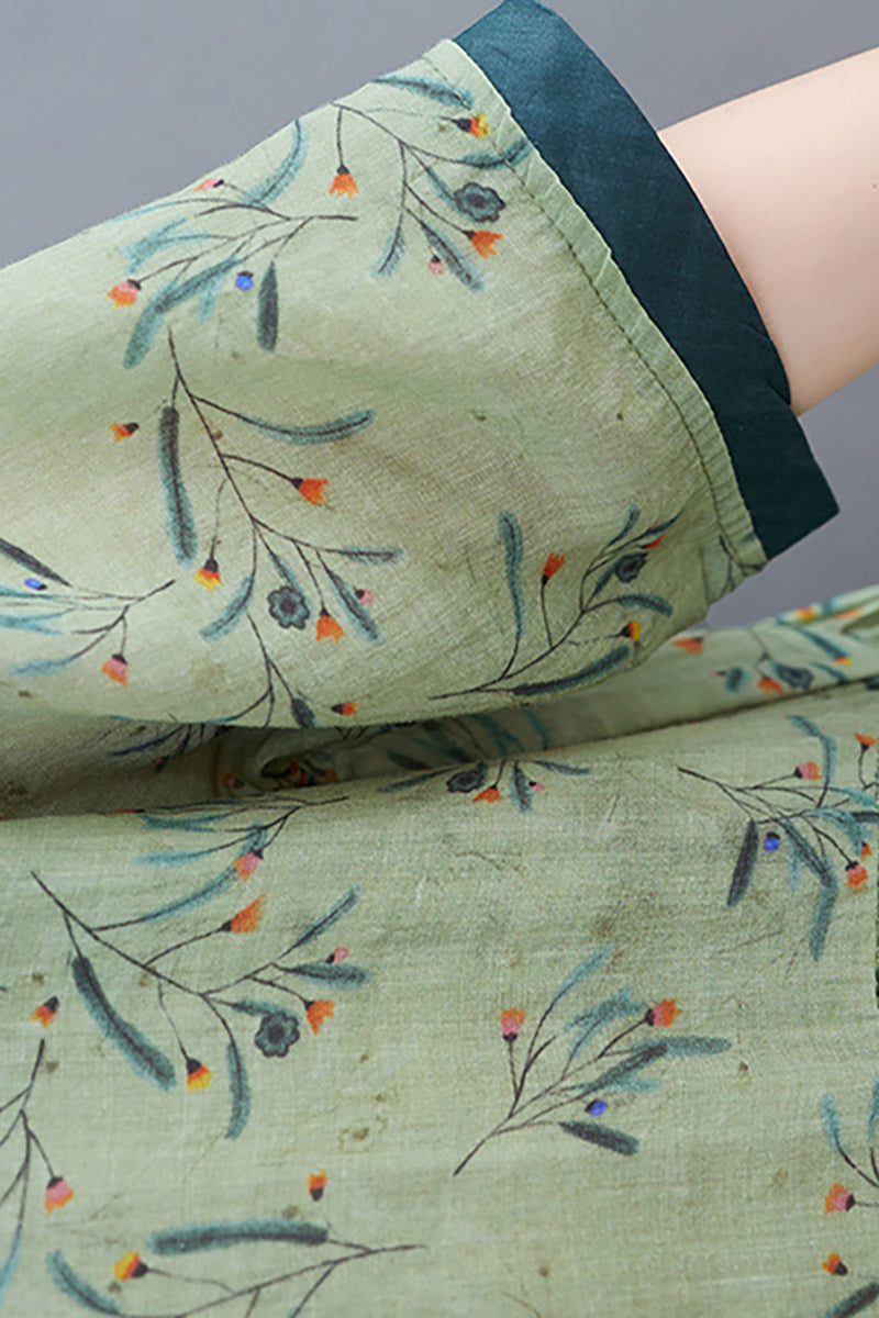 Half Sleeve V Neck Floral Print Linen Midi Dress