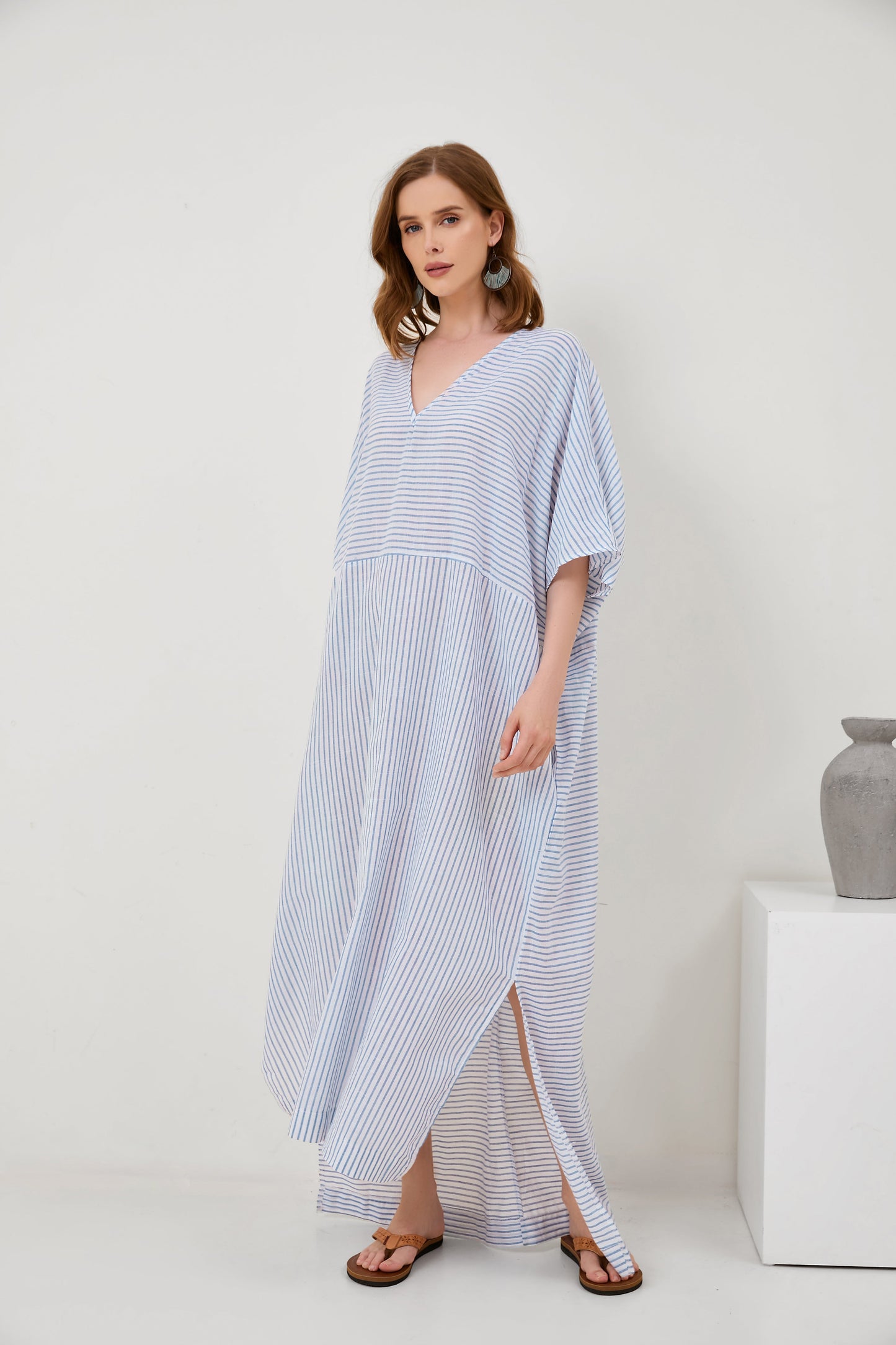Flared Sleeve V-Neck Striped Panel Fashion Long Dress