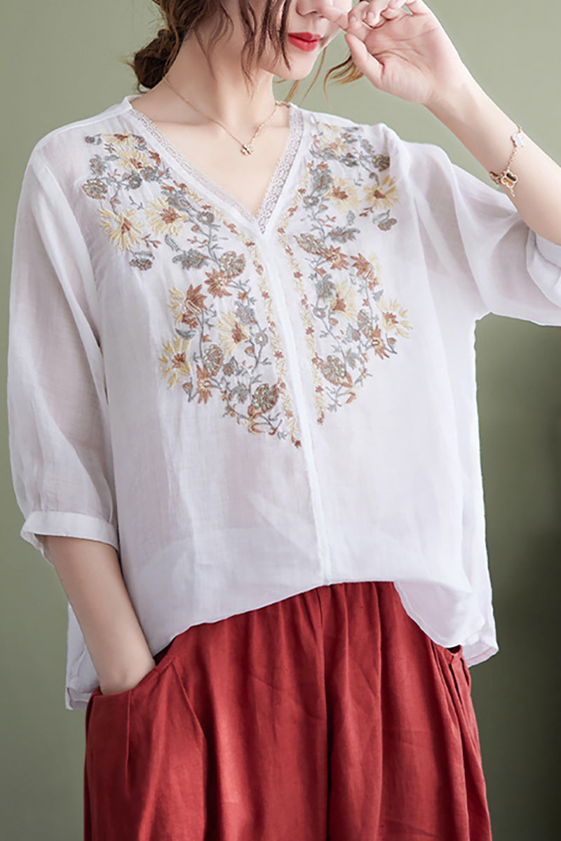 V Neck Floral Embroidery Three Quarter Sleeve Linen Top