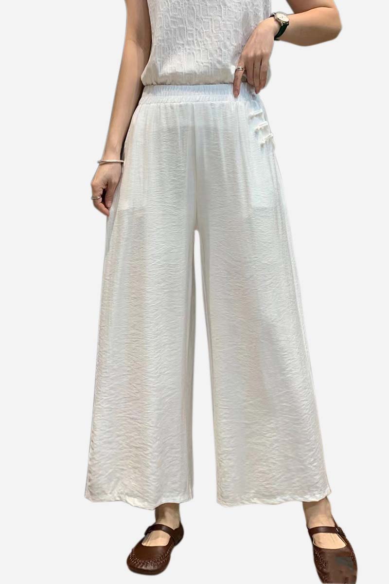 Pocket Chinese Knot Button Wide Leg Cropped Linen Pants